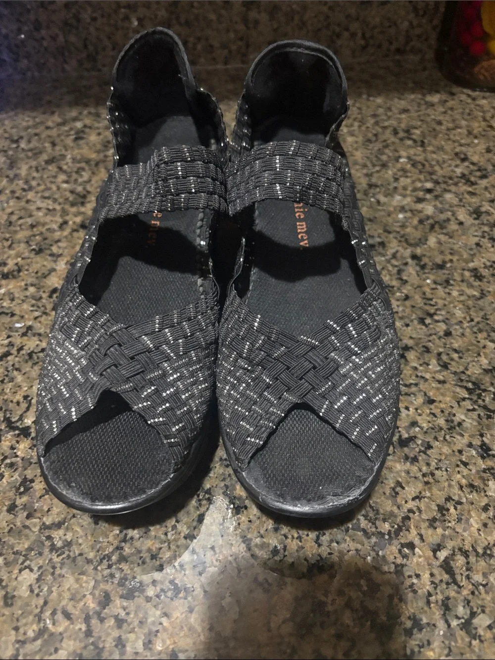 bernie mev. Black & Silver Woven Wedge Sandals